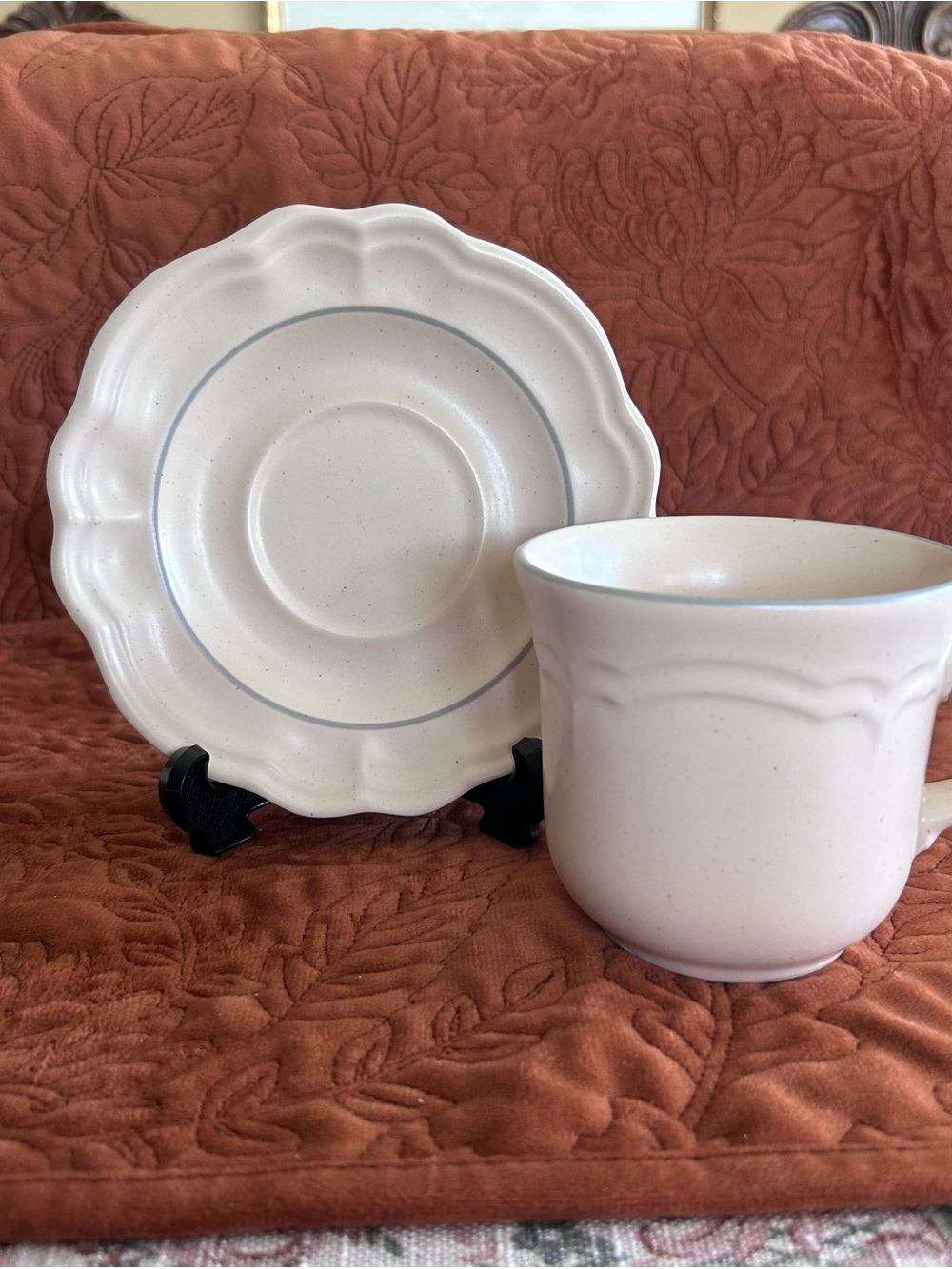 Vintage Pfaltzgraff Ceramic Cup & Saucer Set with Subtle Blue Rim
